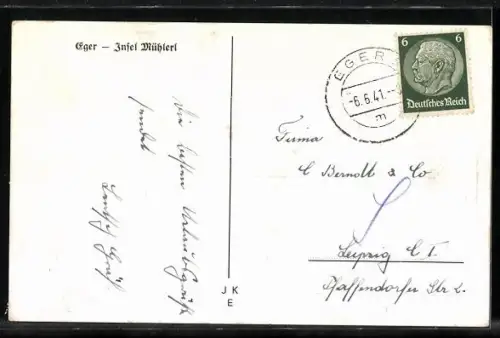 Künstler-AK Eger, Restaurant Insel Mühlerl