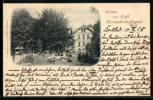 AK Karlsbad, Cafe Freundschaftssaal mit Garten u. Pavillon