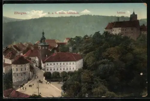AK Elbogen, Teilansicht mit Staats-Realschule, Schloss und Türmen aus der Vogelschau