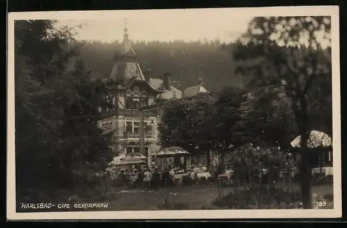AK Karlsbad, Cafe Geysirpark mit Garten