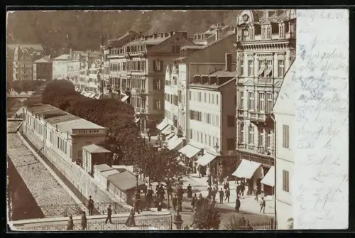 AK Karlsbad, Strassenpartie mit Geschäftshaus Carl Damm und Uferpartie aus der Vogelschau