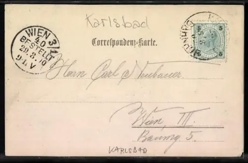 AK Karlsbad, Strassenpartie mit Geschäftshaus Carl Damm und Uferpartie aus der Vogelschau