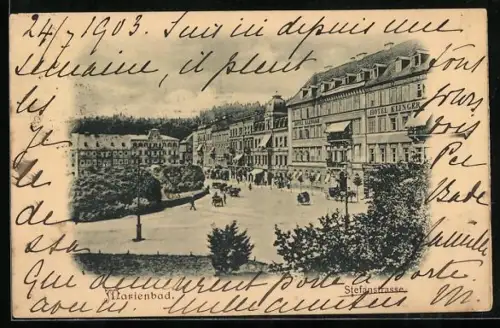 AK Marienbad, Hotel Klinger mit Strasse, rückseitig Cafe Schweizerhof