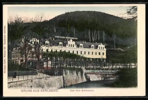AK Karlsbad, Cafe Park Schönbrunn, mit Brücke