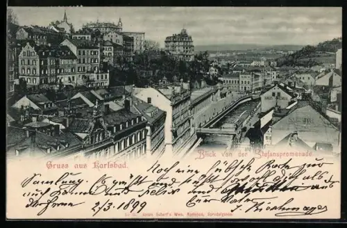 AK Karlsbad, Stefanspromenade mit Haus Hener u. Brücke aus der Vogelschau