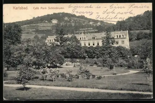 AK Karlsbad, Cafe Park Schönbrunn mit Anlagen aus der Vogelschau