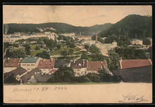 AK Marienbad, Teilansicht mit Parkanlage und Türmen