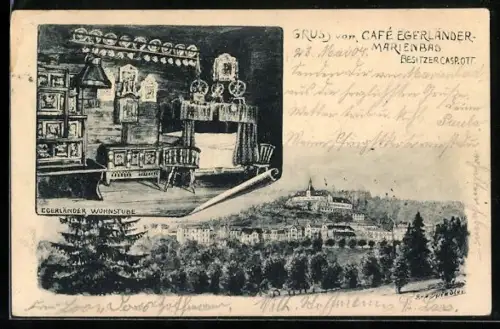 Künstler-AK Marienbad, Cafe Egerländer C. Ott mit Umgebung, Egerländer Wohnstube