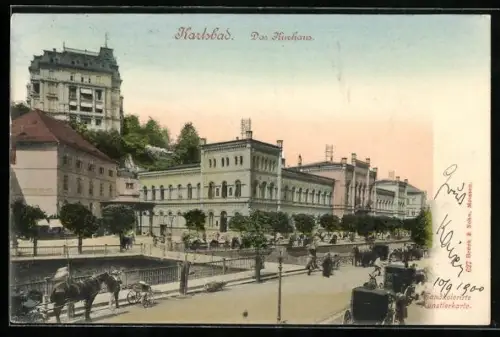 AK Karlsbad, Kurhaus, Panorama mit Brücke u. Strasse