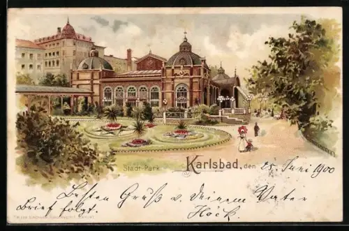 Lithographie Karlsbad, Partie im Stadtpark