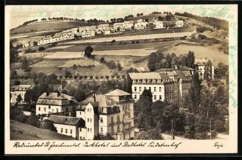 AK St. Joachimsthal, Parkhotel und Badhotel Sudetenhof mit Häuserpanorama aus der Vogelschau