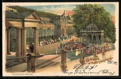 Lithographie Marienbad, Kreuzbrunnen-Colonnade mit Kurgästen