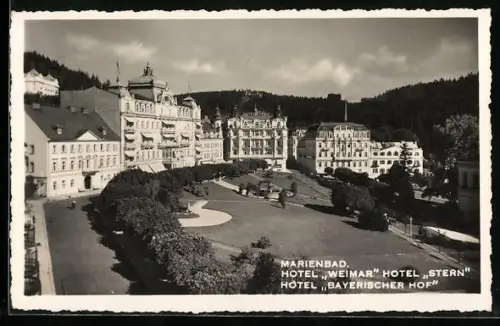 AK Marienbad, Hotel Weimar, Hotel Stern und Hotel Bayerischer Hof mit Parkanlage