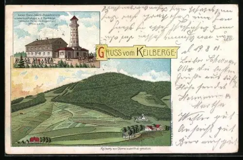 Lithographie Keilberg im Erzgeb., Kaiser Franz Josefs Aussichtsturm und Gasthaus, Keilberg von Oberwiesental gesehen