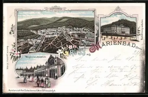 Lithographie Marienbad, Centralbad, Kreuzbrunnen und Wandelbahn