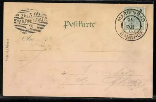 Lithographie Marienbad, Centralbad, Kreuzbrunnen und Wandelbahn