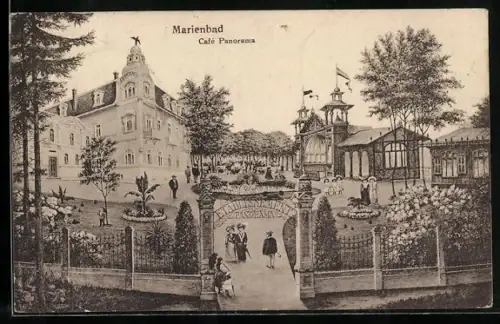 AK Marienbad, Café Panorama mit Anlagen und Besuchern