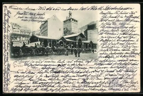AK Karlsbad, Kutschen am Marktbrunn