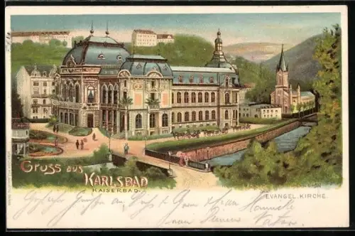 Lithographie Karlsbad, Partie am Kaiserbad
