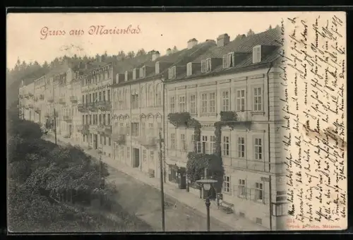 AK Marienbad, Strassenpartie mit Paradies und Geschäften