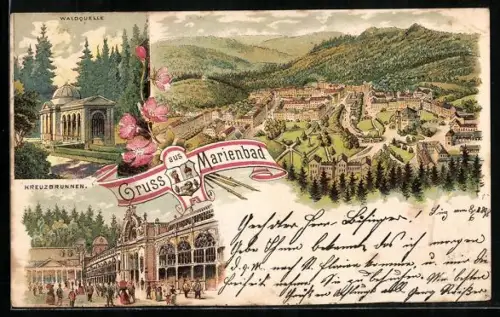 Lithographie Marienbad, Kreuzbrunnen mit Passanten, Waldquelle, Ortsansicht