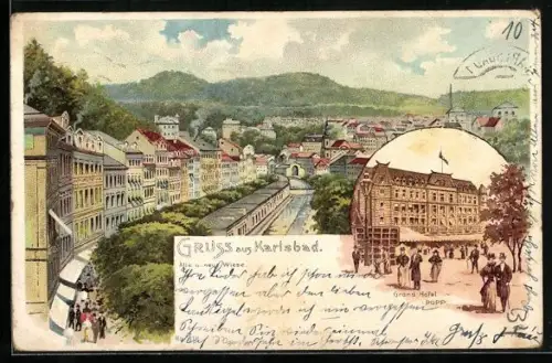 Lithographie Karlsbad, alte & neue Wiese, Grand Hotel Pupp