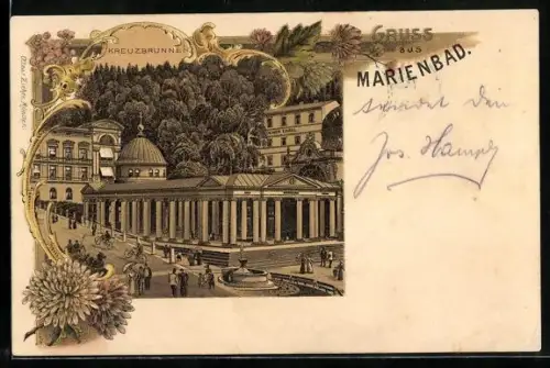 Lithographie Marienbad, Partie am Kreuzbrunnen