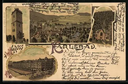 Lithographie Karlsbad, Aberg, Englische Kirche, Stadtpark