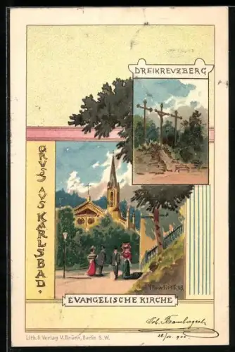 Künstler-AK Karlsbad, Dreikreuzberg, Evangelischge Kirche