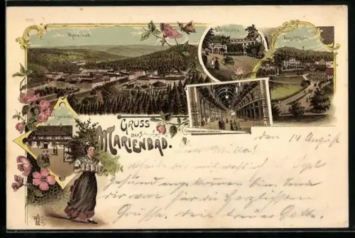 Lithographie Marienbad, Gasthaus Waldmühle, Kreuzbrunnen-Colonnade