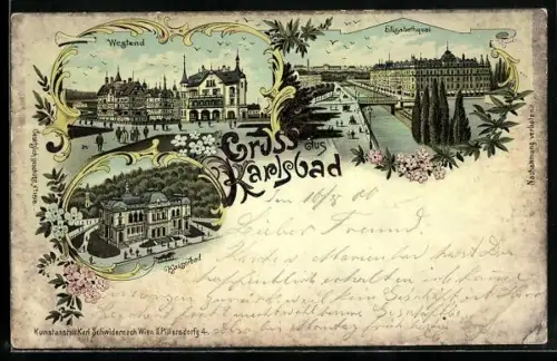 Lithographie Karlsbad, Elisabethquai aus der Vogelschau, Westend und Kaiserbad