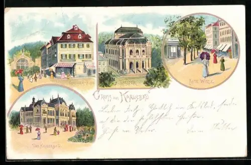 Lithographie Karlsbad, Alte Wiese, Theater, Schillerhaus, Das Kaiserbad
