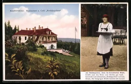 AK Marienbad, Restaurant u. Café Rotkäppchen, Mädchen mit Rotkäppchen