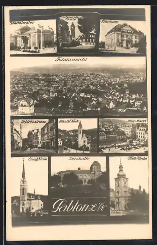 AK Gablonz a. N., Bankamt, Stadttheater, Turnhalle