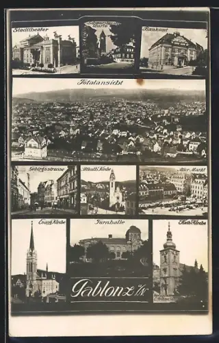 AK Gablonz a. N., Bankamt, Stadttheater, Turnhalle