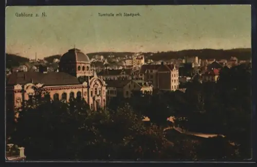 AK Gablonz a. N., Turnhalle mit Stadtpark