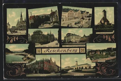 AK Reichenberg, K. K. Post- und Telegraphen-Amt, Turnhalle, Infanterie-Kaserne, Talsperre im Harzdorfer Tale