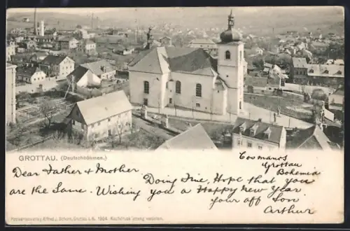 AK Grottau /Deutschböhmen, Ortsansicht mit Kirche aus der Vogelschau