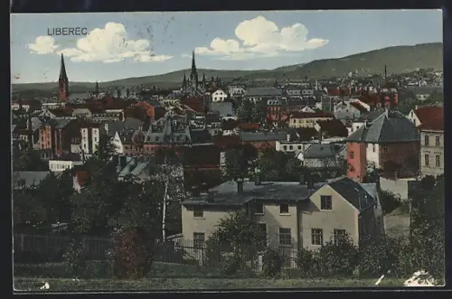 AK Liberec, Totalansicht mit Kirche gegen die Anhöhen