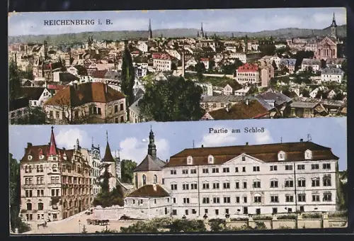 AK Reichenberg i. B., Partie am Schloss, Totalansicht des Ortes aus der Vogelschau