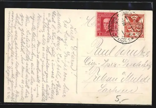 AK Gablonz / Jablonec Nad Nisou, Strassenpartie bei der evangelischen Kirche