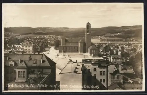 AK Gablonz a. N., Blick auf den Gewerbeplatz mit neuer Kirche
