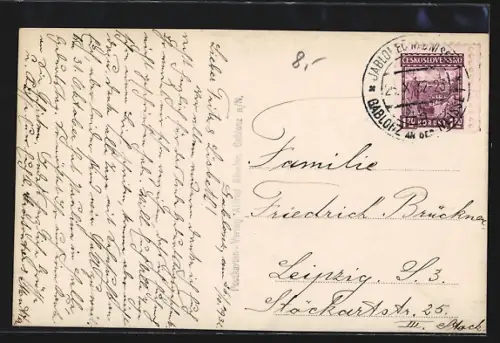 AK Gablonz a. N., Blick auf den Gewerbeplatz mit neuer Kirche