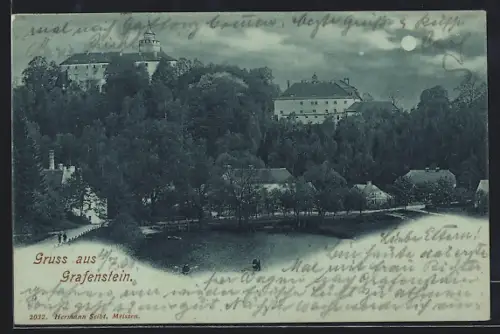 Mondschein-AK Grafenstein, Teilansicht mit der Burg