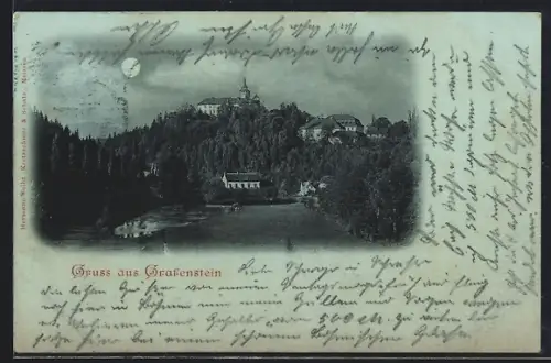 Mondschein-AK Grafenstein, Teilansicht mit der Burg