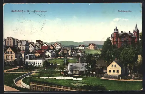 AK Gablonz a. N., Mozartgasse und Steinbergvilla