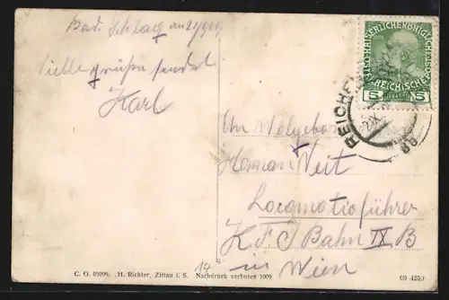 AK Bad Schlag /Isergebirge, Dr. Glettlers Sanatorium mit Bahngleisen