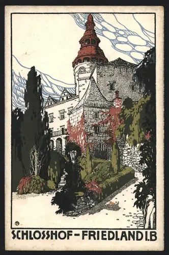 Künstler-AK Friedland i. B., Schlosshof mit Bäumen