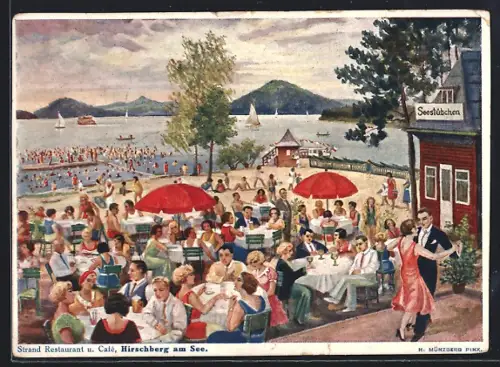 Künstler-AK Hirschberg am See, Strand-Restaurant und Café Seestübchen