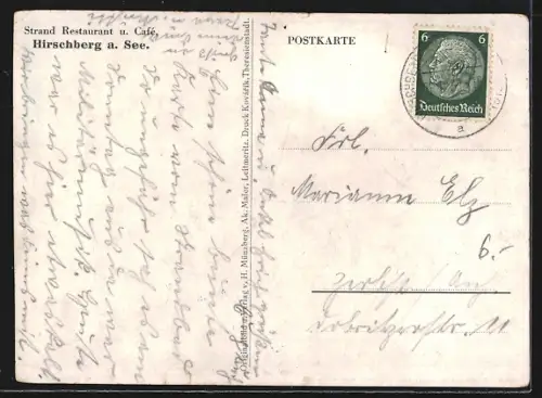 Künstler-AK Hirschberg am See, Strand-Restaurant und Café Seestübchen